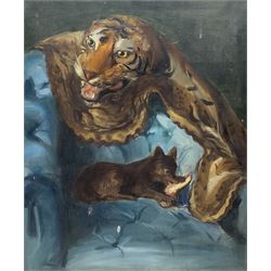 English Naive School (mid 20th century): Dog on an Armchair with Tiger Rug, oil on canvas unsigned 73cm x 60cm (unframed)