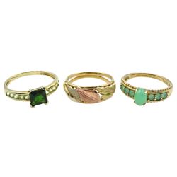 Gold leaf design ring, chrysoprase ring and one other green stone set ring, all hallmarked 9ct 