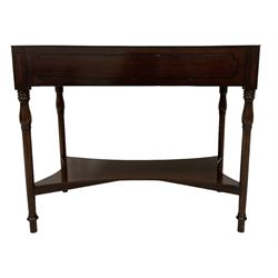 19th century mahogany double washstand, rectangular top with moulded edge and fitted with twin inset bowl rests, the frieze with ebony stringing, raised on turned supports united by concave rectangular undertier