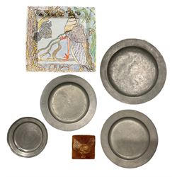 19th century pewter charger, other pewter plates, studio pottery plates, assorted glass, Victorian portrait photographs etc