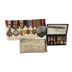 WWI and WWII group of seven medals including Mons Star with 5th Aug-22nd Nov 1914 clasp named to M.C.Cpl. A.B. Giband 29048 R.E., War Medal and Victory Medal with oak leaves named to Lt A.B. Gibaud, the WWII medals comprising Africa Star with North Africa 1942-43 clasp privately named to Fl. Lt. A.B. Gibaud, 1939-1945 S, Defence and War Medal together with the dress miniatures and ribbon bar.
N.B. Please note the spelling on the Mons Star