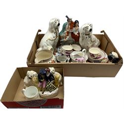 Victorian lustre tea set, Staffordshire flat back figures, Beswick spaniel pair together with quantity of fairings etc. in one box