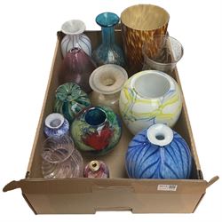 Mdina style glass vase, studio glass vases, etched glass pedestal vase etc in one box