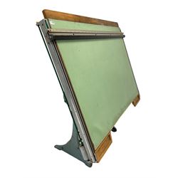 Simplon - Mid century vintage industrial draughtsman board, the pine and plywood rise and fall top with a weighted sliding rule being angle adjustable, raised on a heavy duty cast metal base bearing manufacturers mark 