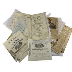 Quantity of hand written and printed ephemera including auction particulars of land at Cambridge 1814, another of Blockley Silk Mills 1815, Daily Mirror 1927 reporting on Communist agitators in China, bill of lading of the ship Vittoria 1862, list of assets of the late John Gladwins, Atlas Insurance fire policy 1808 etc