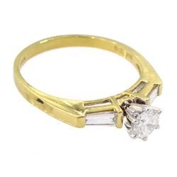 18ct gold round brilliant cut diamond ring, with tapered baguette diamond shoulders, London 2001, principle diamond approx 0.30 carat, total diamond weight approx 0.40 carat