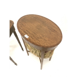 Edwardian satinwood sewing table, with cross banded and string inlaid top lifting to reveal the interior of a needlework drop basket, raised on square tapered supports united by 'X' stretcher (H79cm) together with a 19th century mahogany occasional table, with crossbanded top raised on turned supports, (H73cm)