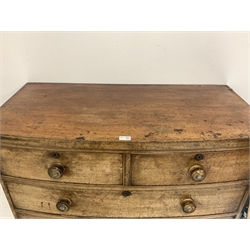 Victorian mahogany bow front chest, two short and three long drawers, on turned feet, W106cm, H111cm, D42cm