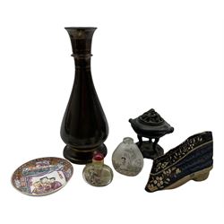 18th century Chinese famille rose saucer dish D9cm, two snuff bottles, cast metal censer, Indian bronze vase H23cm etc