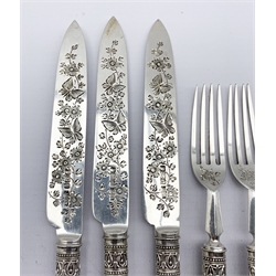 Set of six Edwardian silver bladed dessert knives with mother of pearl handles engraved with a monogram and nine matching forks Sheffield 1902/3 Maker James Dixon & Son 
