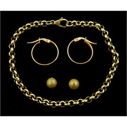 Pair of rose gold hoop earrings, gold belcher link bracelet and one other pair of gold stud earrings, all 9ct