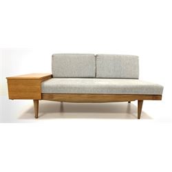 Mid 20th century teak and beech sofa bed / telephone table, loose cushions upholstered in natural grey linen, raised on turned front supports W163cm, H74cm, D76cm