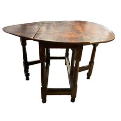17th century oak gate-leg breakfast table, oval drop-leaf top raised on turned supports united by stretcher