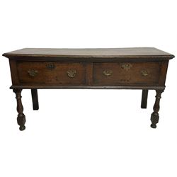 18th century oak dresser base, moulded rectangular top over two drawers, on turned and block front supports 