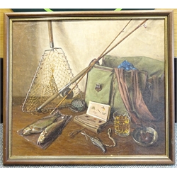 English School (20th century): Still Life of Fishing Tackle, oil on canvas unsigned 60cm x 68cm