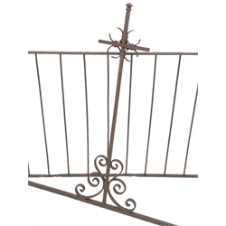 Wrought iron fire fence (W137cm, H73cm, D46cm), and a wrought iron upright with scrolls 