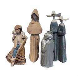 Lladro gres finish group of two nuns H33cm, another of a monk and another of an oriental monk
