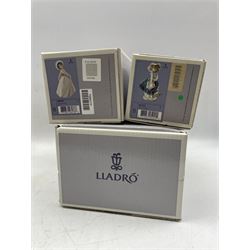 Three Lladro figures comprising 'Little Virgin' 5752, 'Iris' 6275 and 'Pretty Pickings' 5222, two with original boxes and one with matched box 