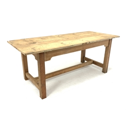 19th century French pine refectory style dining table, the associated top over shaped apron raised on square section supports united by stretcher, 183cm x 77cm, H73cm