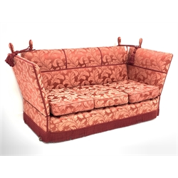 20th century Knole drop end three seat sofa upholstered in claret foliage patterned damask fabric, W191cm, D84cm (closed)