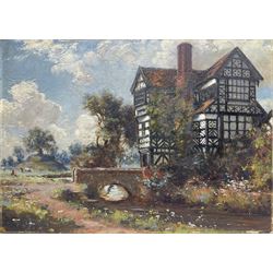 J Alfonso Toft (British 1866-1964): 'Old Moreton Hall - Congleton Cheshire', old on board signed, signed titled and dated 1902 verso 28cm x 39cm (unframed)