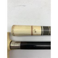 19th century Indian Ivory mounted stick, malacca stick with silver top with Duke of Wellington's Regt. crest, an ebonised stick with inscription from Woolwich Garrison 1890  and a bamboo shooting stick