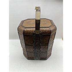 Chinese cane work and tiered food carrier, with brass bound carry handle H73cm 
