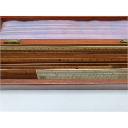 Two mahogany boxes containing a collection of boxwood rulers by various makers but mainly Stanley and J Halden,, some inscribed British Railways, two folding rulers and a set of drawing instruments by Stanley, the box dated 31.8.12 