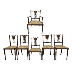  Late Victorian mahogany part drawing room suite, comprising one carver chair, four standard chairs and one low chair, the shaped cresting rail over splat, decorated with inlaid urns, upholstered in floral fabric, raised on turned supports 