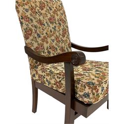 Parker Knoll - mid 20th century oak framed easy chair, back and loose seat cushion upholstered in floral tapestry style fabric