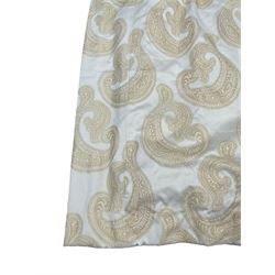 Two pairs of thermal lined curtains with pencil pleated curtains, cream ground and decorated with raised gold Boteh motifs, together with eight tie backs, width at header - 103cm, drop - 233cm & width at header - 120cm, drop - 233cm
