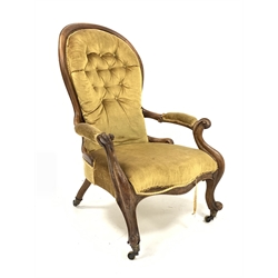 Victorian walnut framed open armchair with upholstered buttoned spoon back, carved frame with scrolled arm supports and cabriole feet, W69cm
