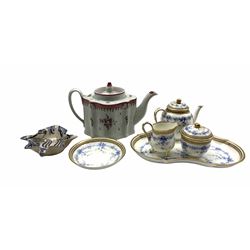 Victorian Royal Worcester part cabaret set decorated with trailing blue leaves within a jewelled border comprising lobed tray, tea pot, milk jug , sugar bowl and a saucer, Newhall tea pot Pattern No. 273 and a 19th century leaf shape pickle dish