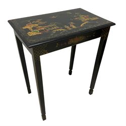 Black lacquered and Chinoiserie decorated side table, the moulded rectangular top decorated with traditional figural scenes with buildings, trees and birds (61cm x 40cm, H72cm); together with a child's upholstered chair, the leather cover decorated with Heraldic crest, on scroll carved cabriole feet (W52cm, H79cm, D59cm)