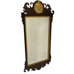 Large Chippendale style wall hanging mirror, mahogany fret cut frame with gilt ho-ho bird, 58cm x 120cm