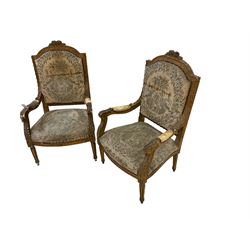 Pair Louis XVI design gilt framed armchairs, the cresting rail moulded with roses, scrolled arm terminals decorated with acanthus leaves, with floral knes, raised on fluted tapering supports, upholstered in tapestry fabric depicting a marriage scene with a garland border, overstuffed back and sprung seat