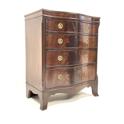  Regency design mahogany serpentine front chest of drawers, the top with reeded edge over figured frieze and four long graduating drawers, enclosed by canted and fluted corners, raised on splayed bracket feet, W78cm, H96cm, D46cm  