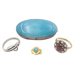 9ct gold garnet and pearl cluster ring, Birmingham 1963, silver Ruskin Pottery oval brooch, silver Mackintosh design ring and 14ct gold clasp set with single stone turquoise