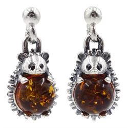 Pair of silver amber hedgehog pendant stud earrings, stamped 925