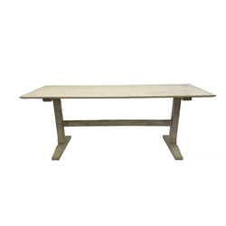 20th century Arts and Crafts white painted oak refectory style dining table, rectangular top with chamfered edge raised on square chamfered supports terminating in sledge feet, united by tenon stretcher 