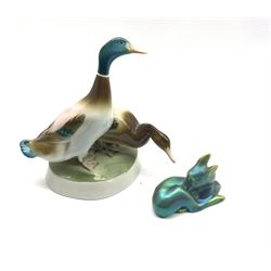 Zsolnay Pecs iridescent model of a recumbent deer together with a model of two Ducks, H18cm (2) 