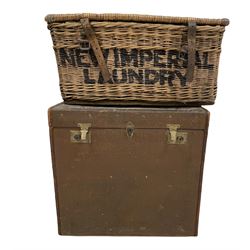 Large square travel trunk and a ‘New Imperial Laundry' wicker hamper (2)