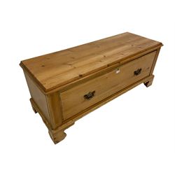 Waxed pine blanked chest, rectangular top fitted with single drawer, raised on bracket feet