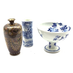 Late 19th century Chinese cylindrical vase painted with warriors on horseback, Chinese pedestal bowl painted with a Peacock and Japanese Cloisonne vase (3)