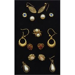 Gold pearl ring and seven pairs of gold earrings, including garnet, cultured and simulated pearl and cameo earrings, all 9ct hallmarked or tested