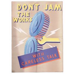 Very rare original World War Two propaganda colour lithograph poster: 'Don't Jam the Works with Careless Talk', part of the WWII Careless Talk propaganda poster series 48cm x 35cm