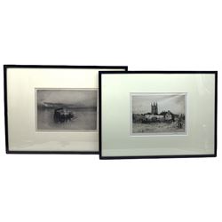 Sir Frank Short (British 1857-1945): 'Strolling Players - Lydd' and 'Timber Raft on the Rhine', etching and mezzotint, respectively, each signed in pencil and labelled verso max 20cm x 29cm (2)