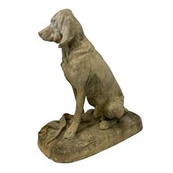 Cast sandstone effect life-size hound garden figure, on shaped plinth