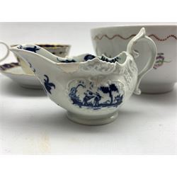 18th Century Worcester trio of tea bowl, coffee cup and saucer of spiral fluted design decorated in blue and white and with open crescent mark, Liverpool wreath pattern cup, small blue and white sauce boat and two other pieces