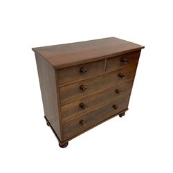 Victorian mahogany chest of drawers, fitted with two short and three long drawers raised on turned bun feet 